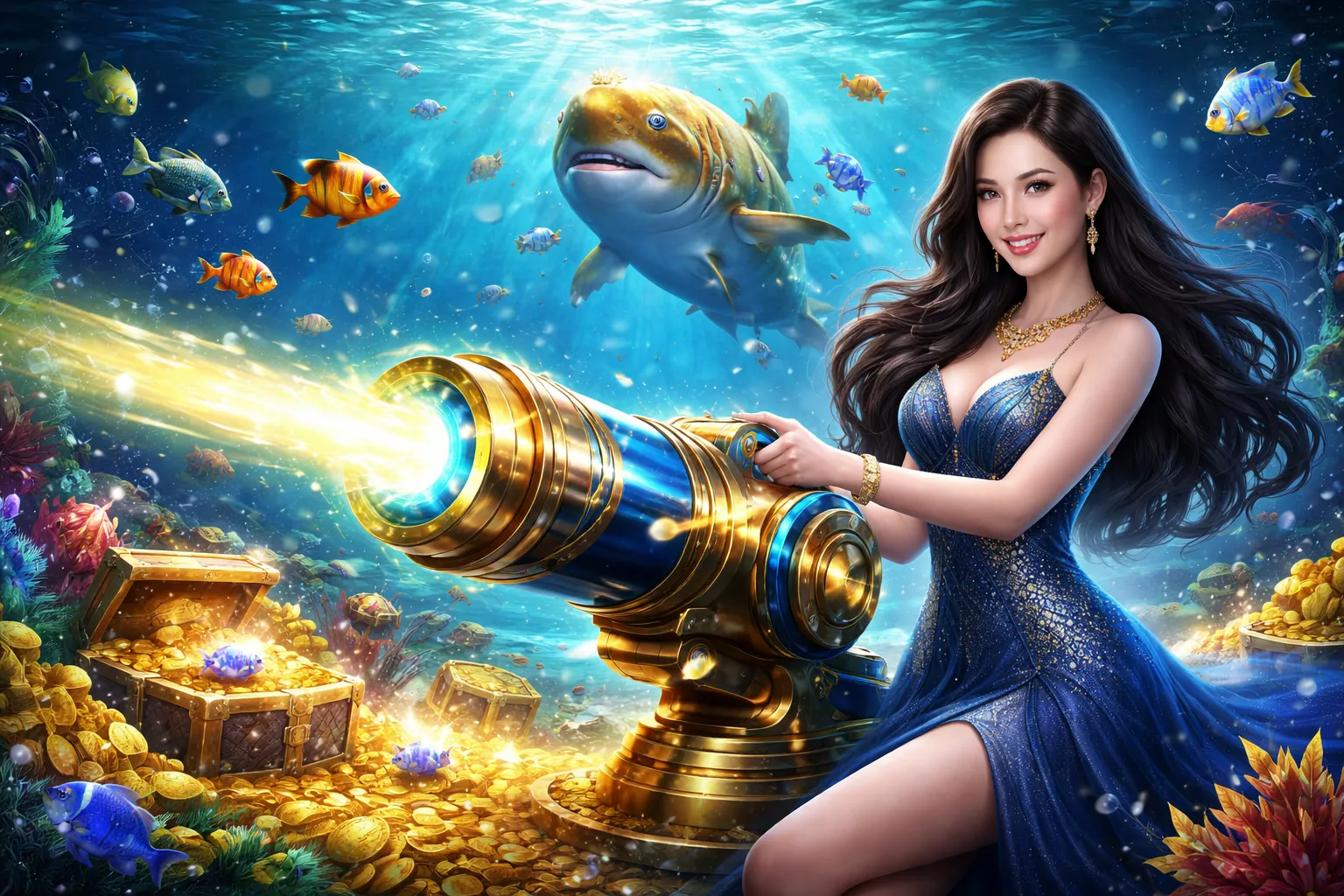 Hình ảnh đại dương rực rỡ với các loài cá và kho báu